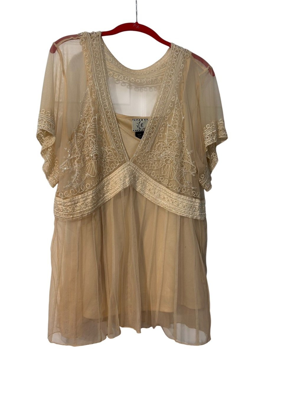 Vintage Y2K ICE Woman light tan sheer mesh overlay blouse & camisole Size 14/16